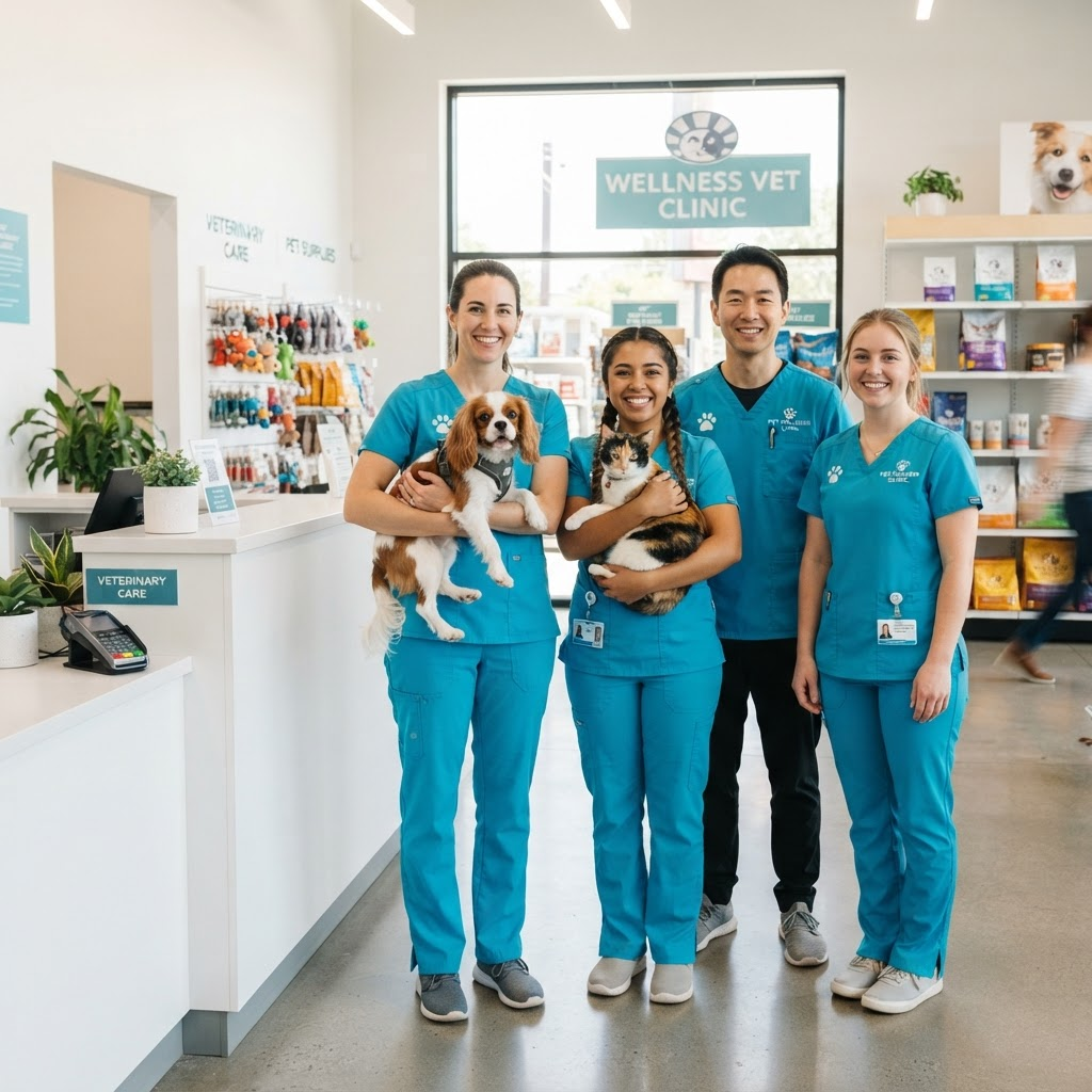Equipe do PetAmigo segurando um cachorro e um gato