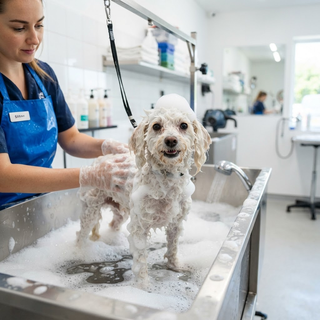 Poodle branco tomando banho com espuma