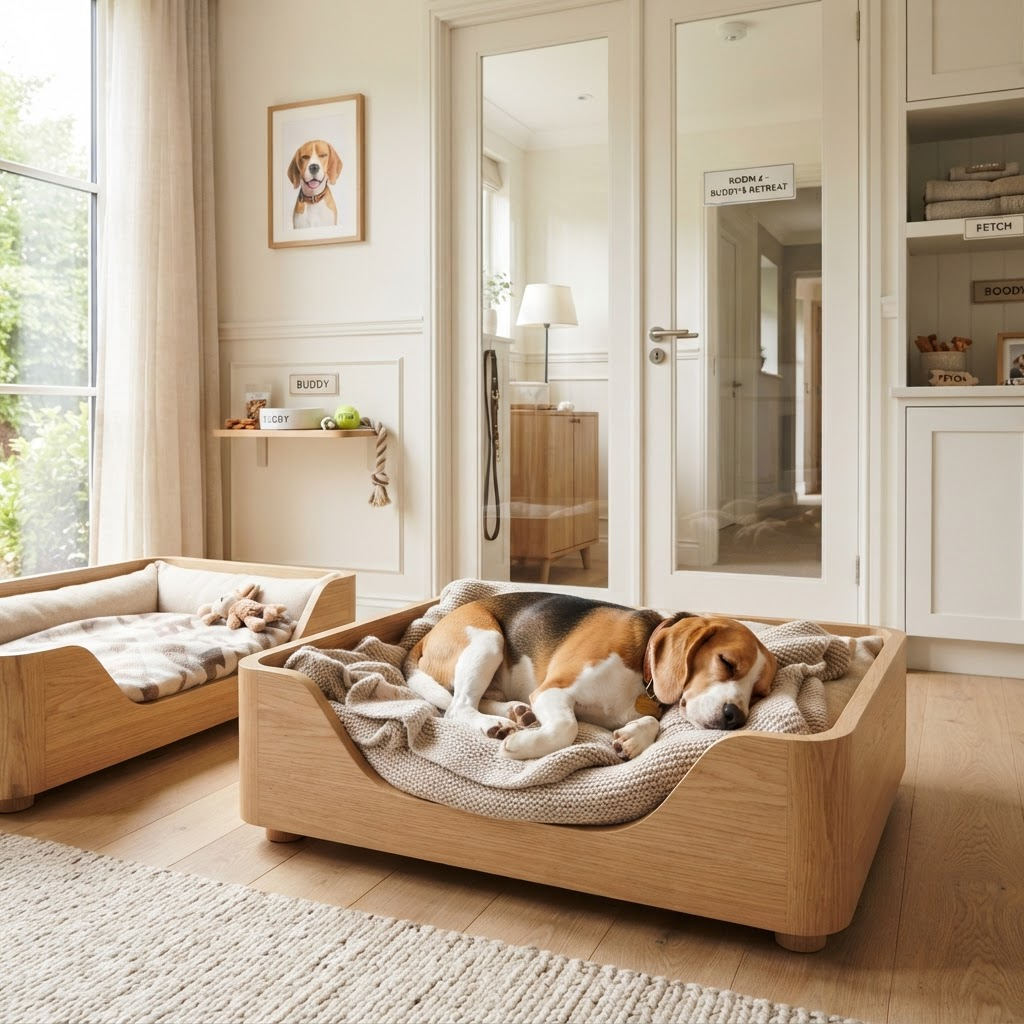Cachorro beagle descansando em quarto de hotel para pets