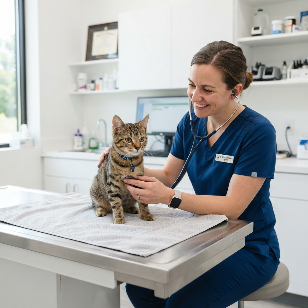Veterinária examinando um gato com estetoscópio